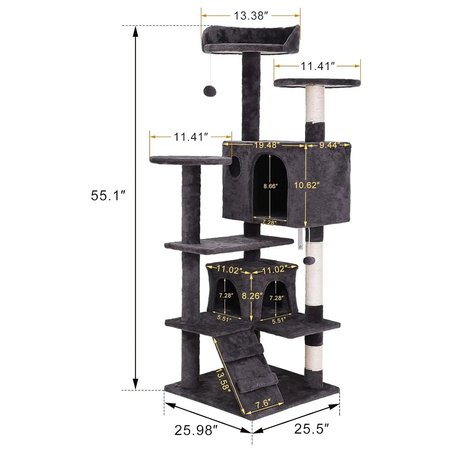 55” Multi-Level Cat Tree Condo – Plush Cat Tower with Scratching Posts & Hideaways