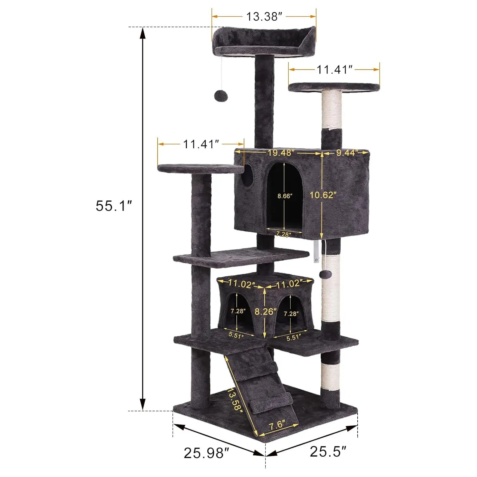 55” Multi-Level Cat Tree Condo – Plush Cat Tower with Scratching Posts & Hideaways