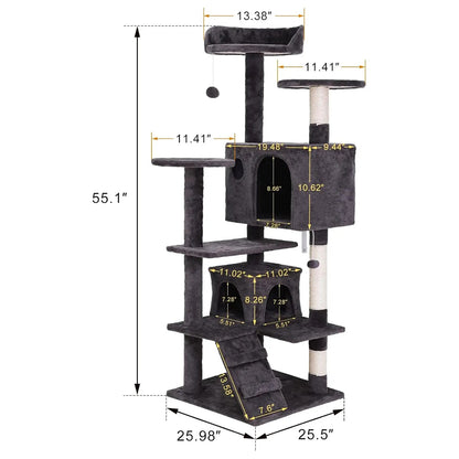 55” Multi-Level Cat Tree Condo – Plush Cat Tower with Scratching Posts & Hideaways