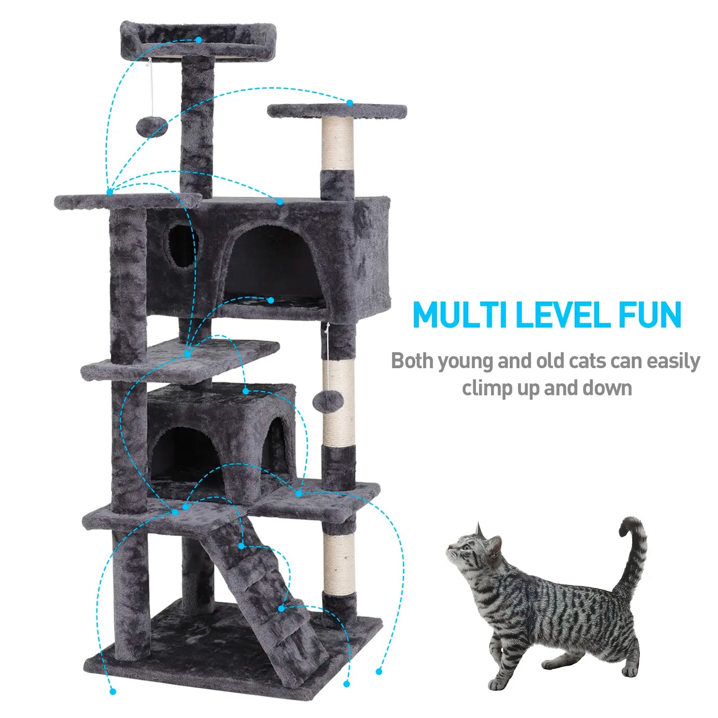 55” Multi-Level Cat Tree Condo – Plush Cat Tower with Scratching Posts & Hideaways