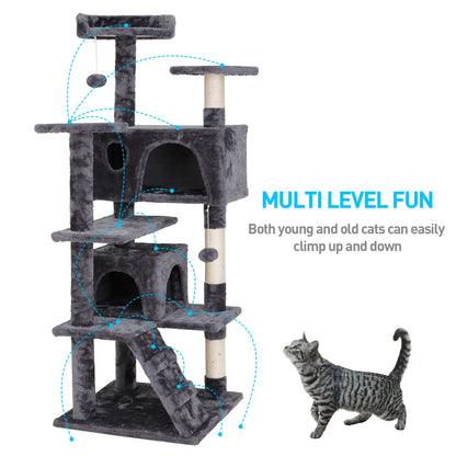 55” Multi-Level Cat Tree Condo – Plush Cat Tower with Scratching Posts & Hideaways